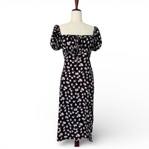 Dizzy Lizzy Milkmaid Babydoll Cottage Floral Midi Dress Black Pink Size Large